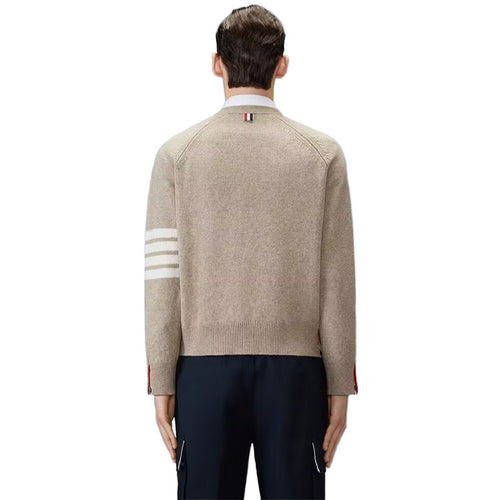 4 - Bar Premium Cotton V - Neck Cardigan - Classic Khaki Knit | Thom Browne