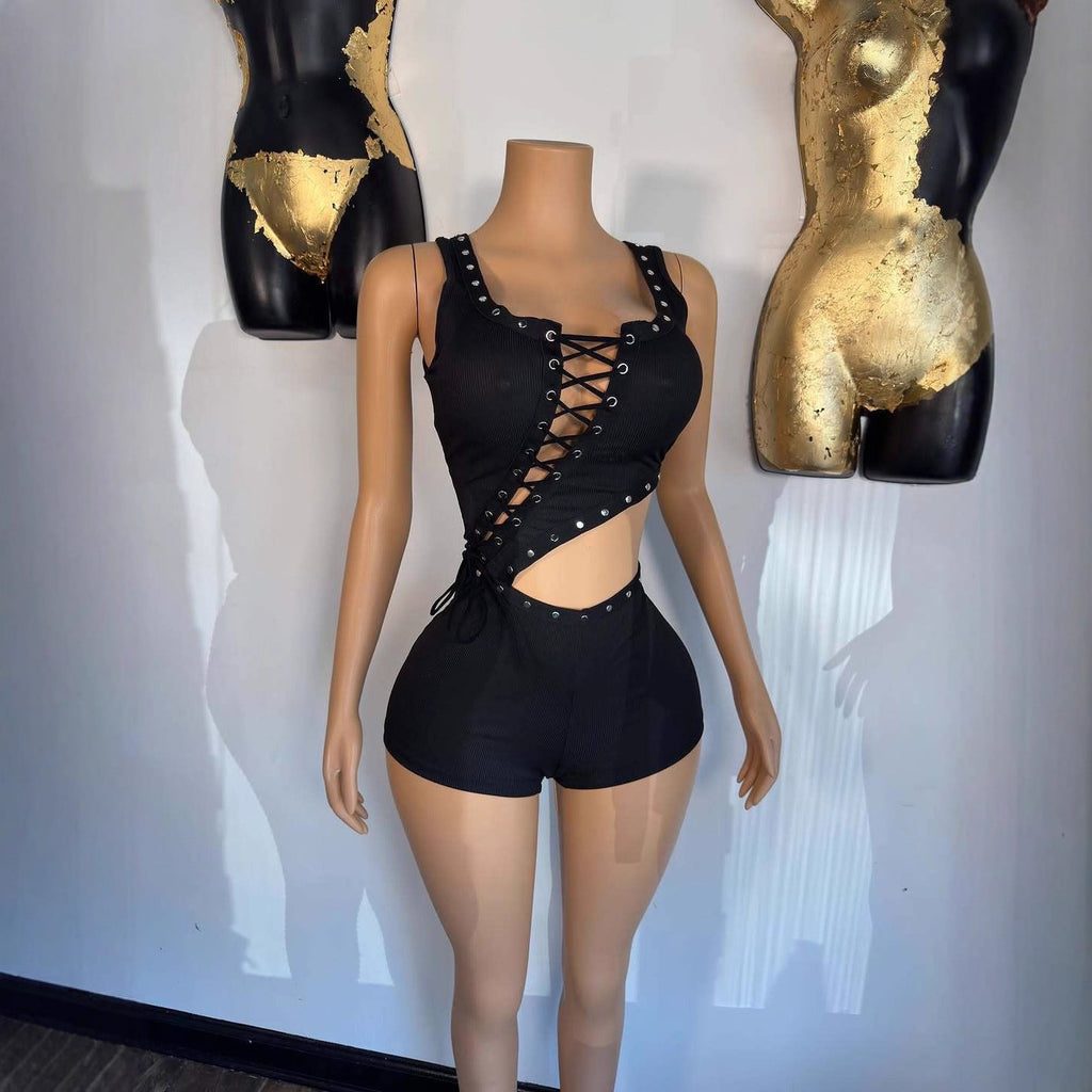 Eyelet Lace Up Cutout Sleeveless Romper Shorts